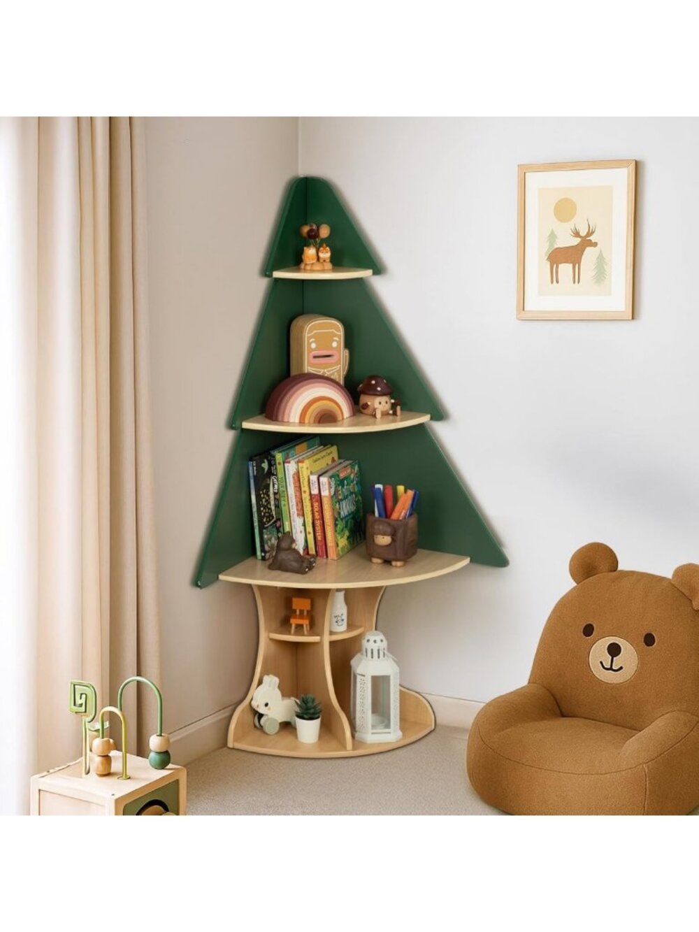 Wooden Corner Shelf for Kids Room | Space-Saving Bookshelf & Reading Nook Decor